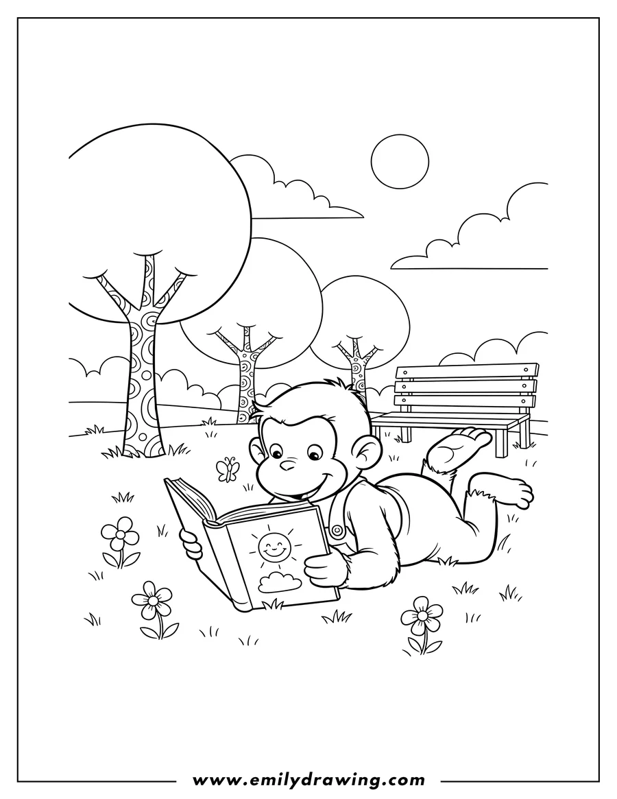 High quality printable curious George lying down reading a book in a park for coloring