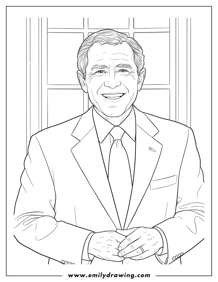 Black and white line art of president George W Bush smiling in a suit and tie
