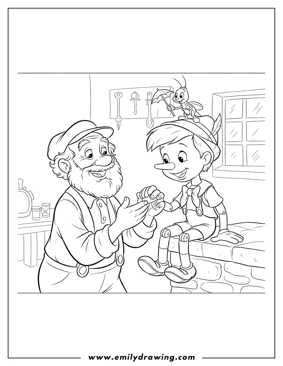 Free to print drawing of geppetto playing with Pinocchio, holding his hand as Pinocchio sits playfully on a ledge, with Jiminy Cricket watching