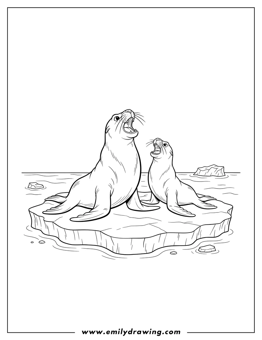 Coloring page of gerald Fluke And Rudder, two sea lions roaring on an ice floe
