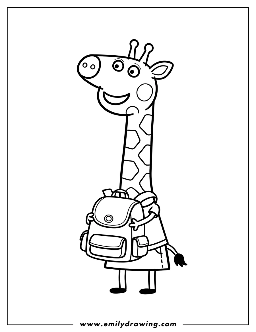 Clean line drawing: gerald Giraffe from Peppa Pig smiling and holding a backpack, to color