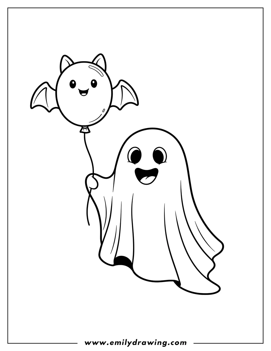 Outline of a happy cartoon ghost holding the string of a bat-shaped balloon.