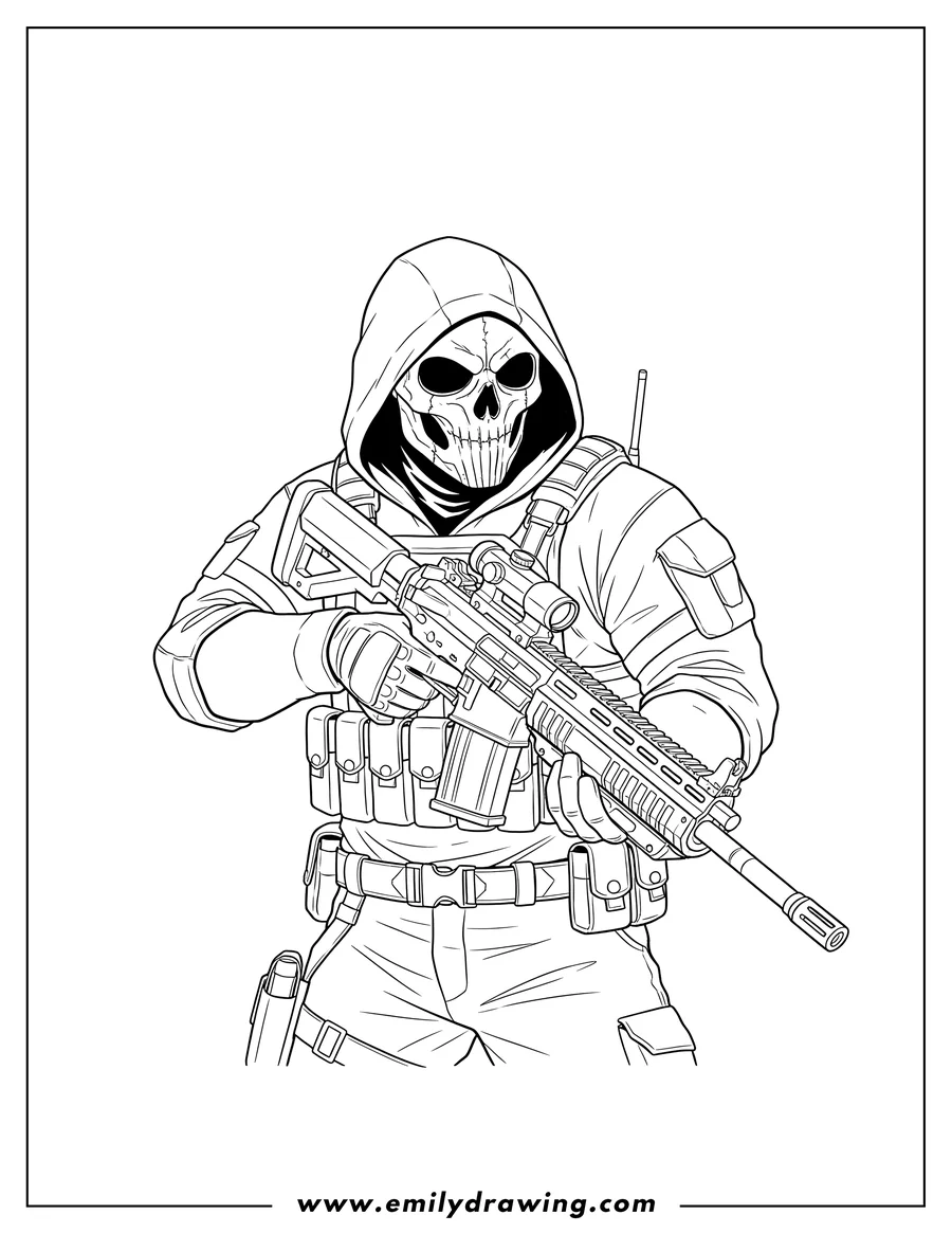 Outline drawing of call Duty Ghost wearing a skull mask and holding a futuristic rifle