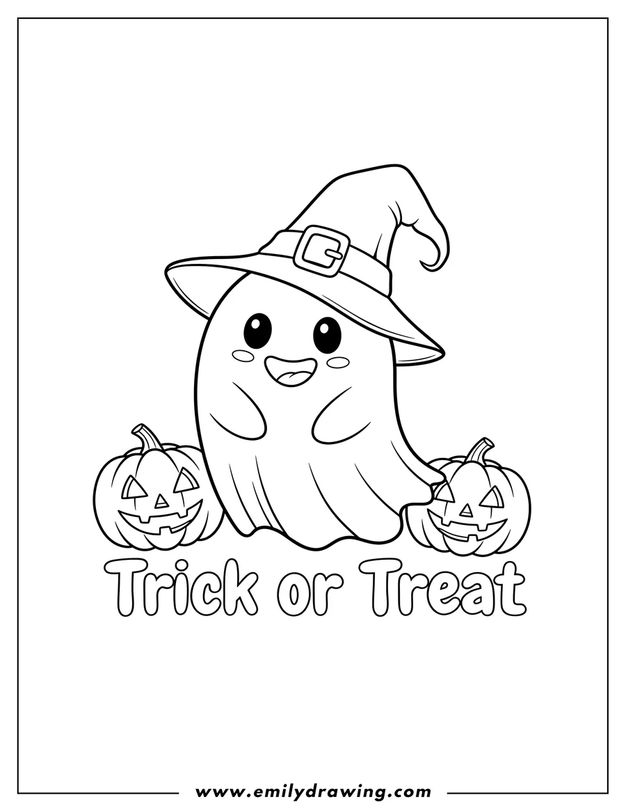 Coloring page of cute ghost in a witch hat with two smiling jack-o'-lanterns and Trick or Treat text