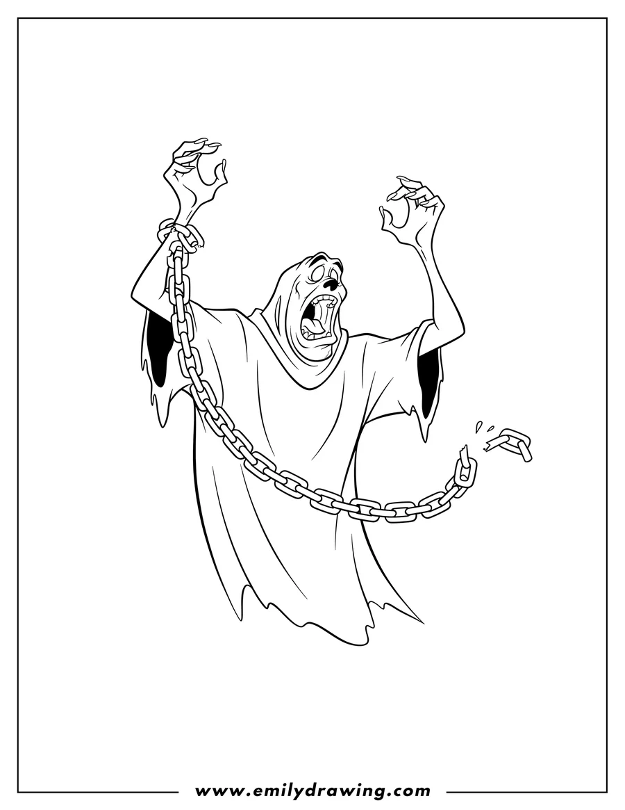 Linear illustration of ghost Monster From Scooby Doo with a chain on its arm, mouth open, and arms raised