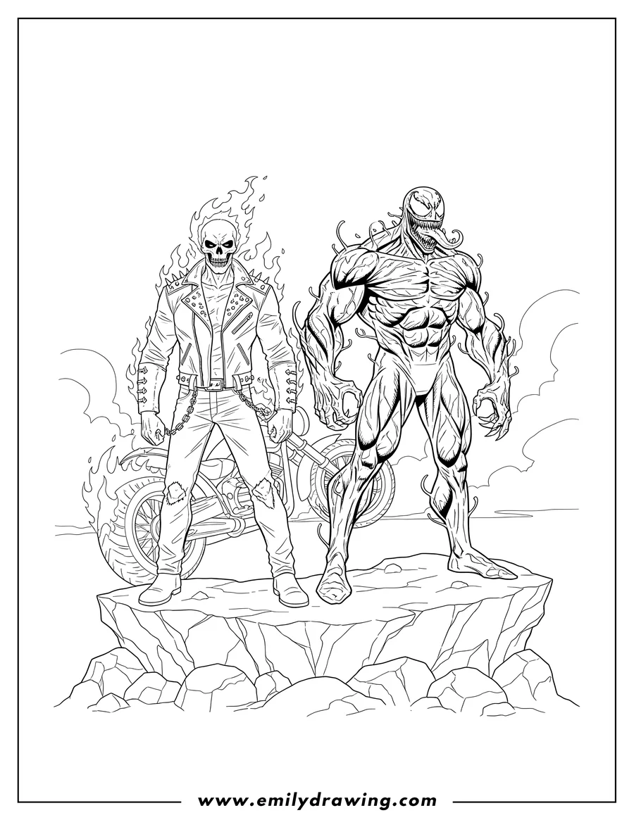 Free printable coloring sheet of ghost Rider and Venom standing side-by-side on rocks