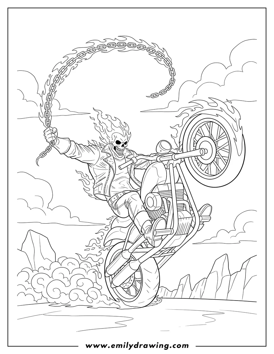 Printable line art of ghost Rider On His Blazing Motorcycle With His Hellfire Chain, doing a wheelie