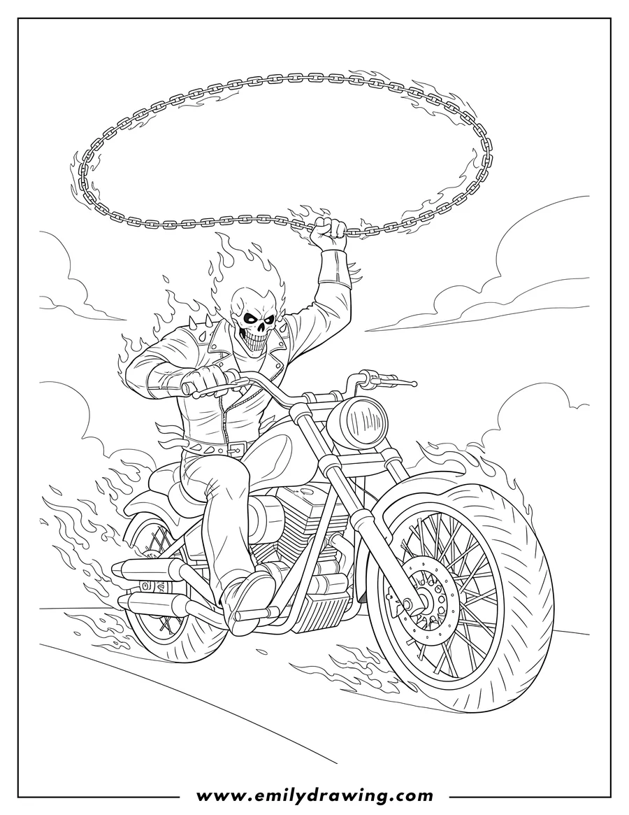 PDF style coloring page: ghost Rider Tossing Chain Around Like Lasso, in a dynamic pose on his flaming motorcycle