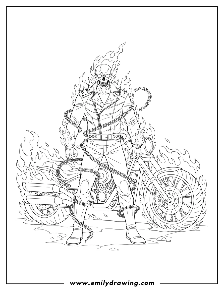 Downloadable coloring page of ghost Rider with a flaming skull head stands in front of his fiery motorcycle, holding his hellfire chain wrapped around his body