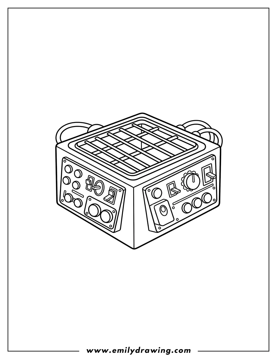 Black and white line art of ghost Busters Ghost Trap, a device with a grilled top and side controls