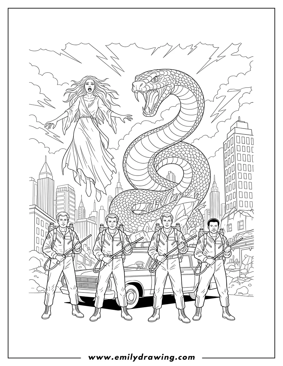 Coloring page of ghostbusters with Ecto-1 facing a giant snake monster and a ghostly woman in a stormy city