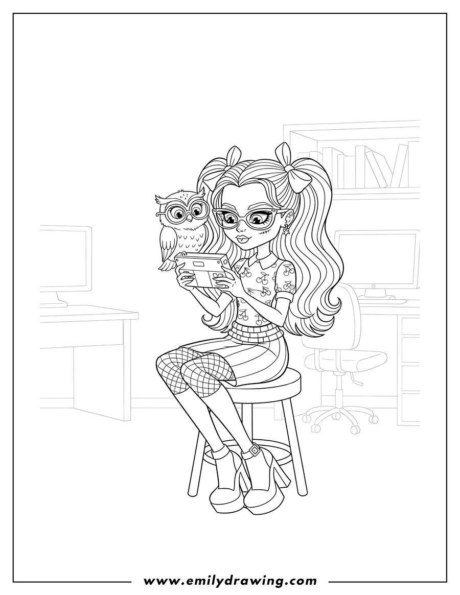 Printable coloring page of ghoulia Yelps playing a handheld video game with her owl on her shoulder