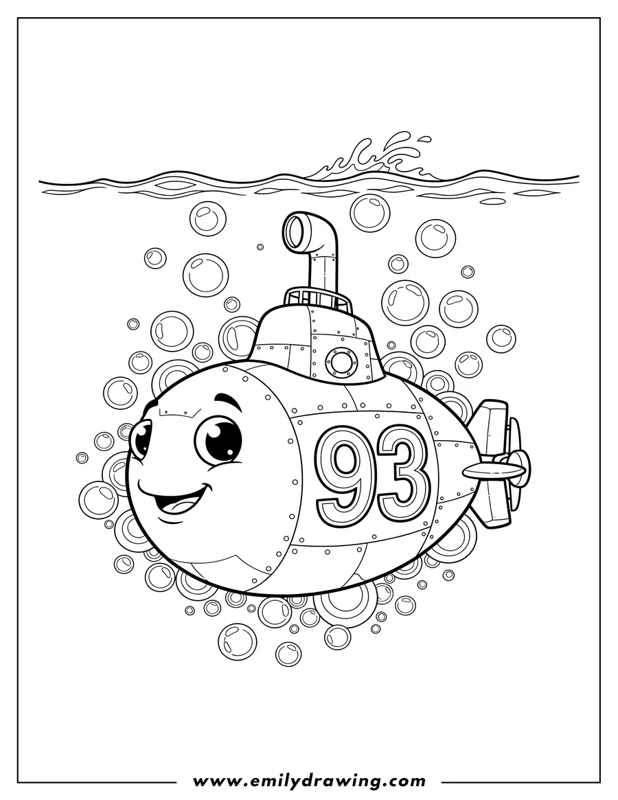 Linear illustration of giant cartoon submarine with number 93 near surface water, surrounded by bubbles
