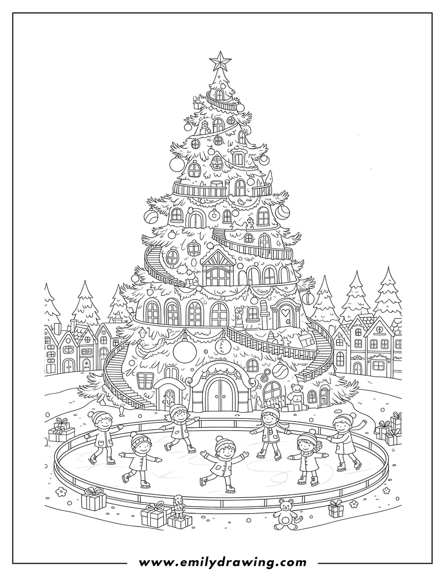 Coloring page of giant Christmas Tree City With Ice Skaters on an Ice Rink