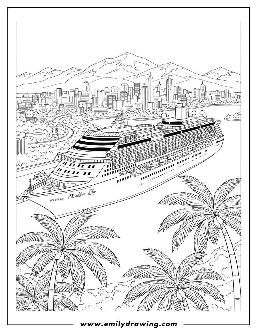 Full page coloring image of giant Cruise Ship Docked At Seaside Port With Mountains And City View, seen from an elevated perspective, with palm trees in the foreground
