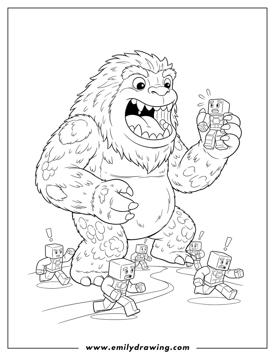 Free to print drawing of giant roaring monster holding a Robox character, while other Robox characters flee