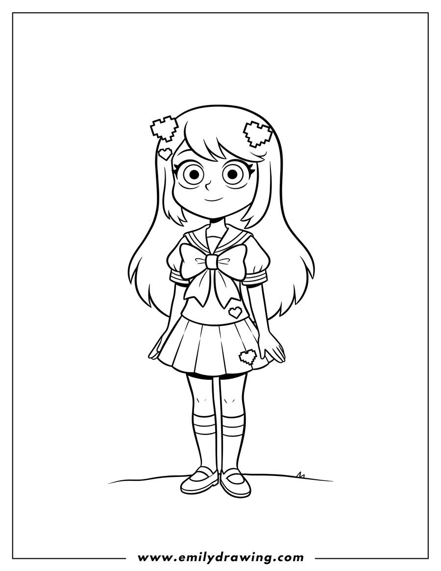 Coloring page for kids: cute Giffany in a sailor uniform with a large bow, standing