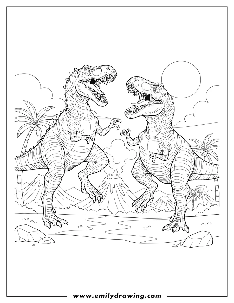 High quality printable gigantosaurus Fighting With T Rex, both roaring fiercely for coloring