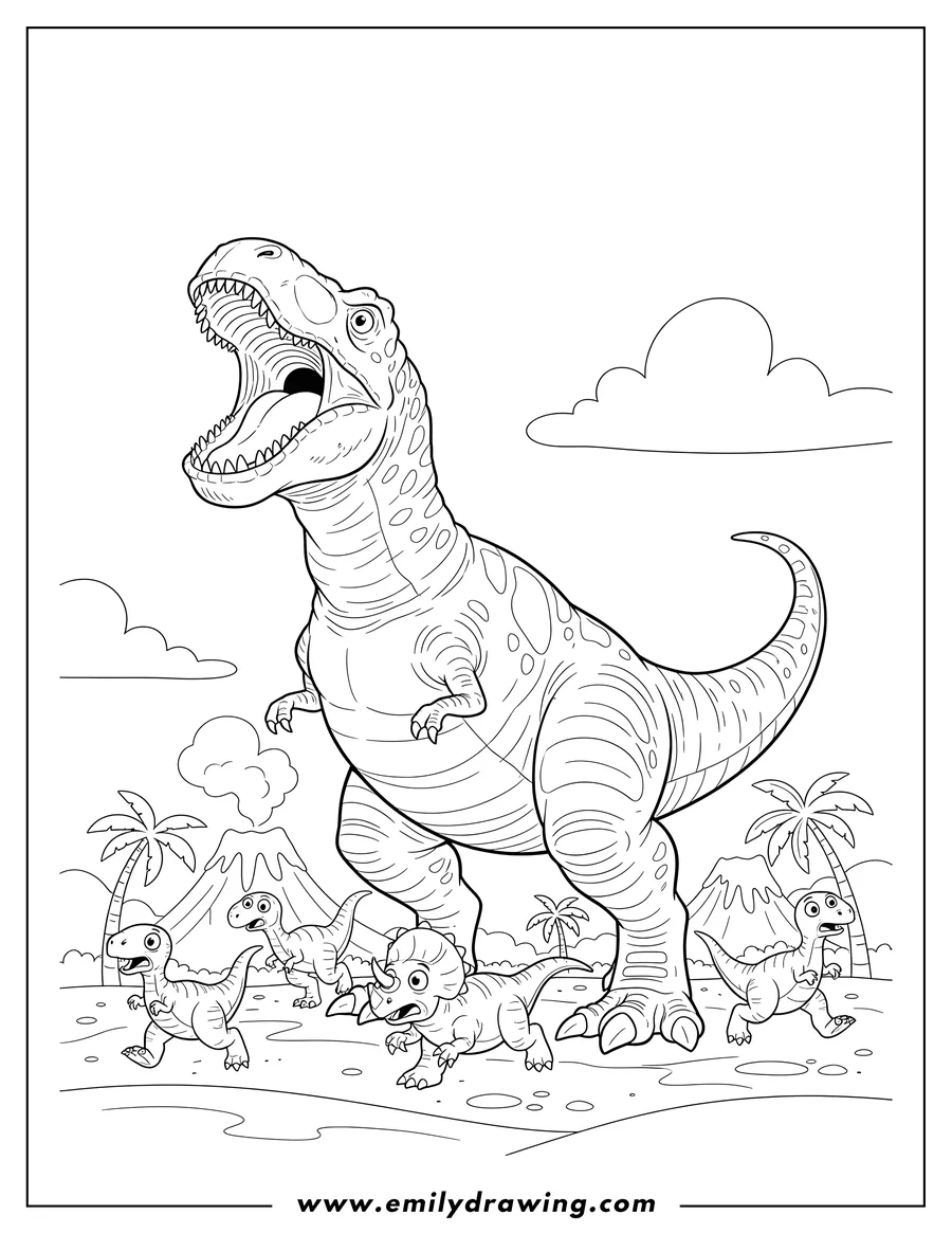 Outline drawing of gigantosaurus roaring as smaller dinosaurs run