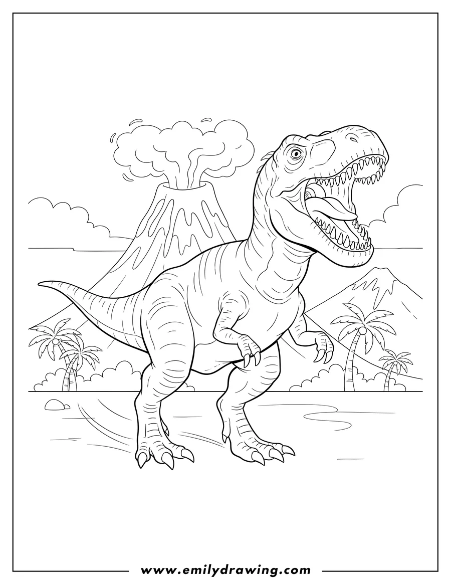 Free to print drawing of gigantosaurus roaring with mouth wide open, striding forward, and showing its extended claws, with a Volcano Background