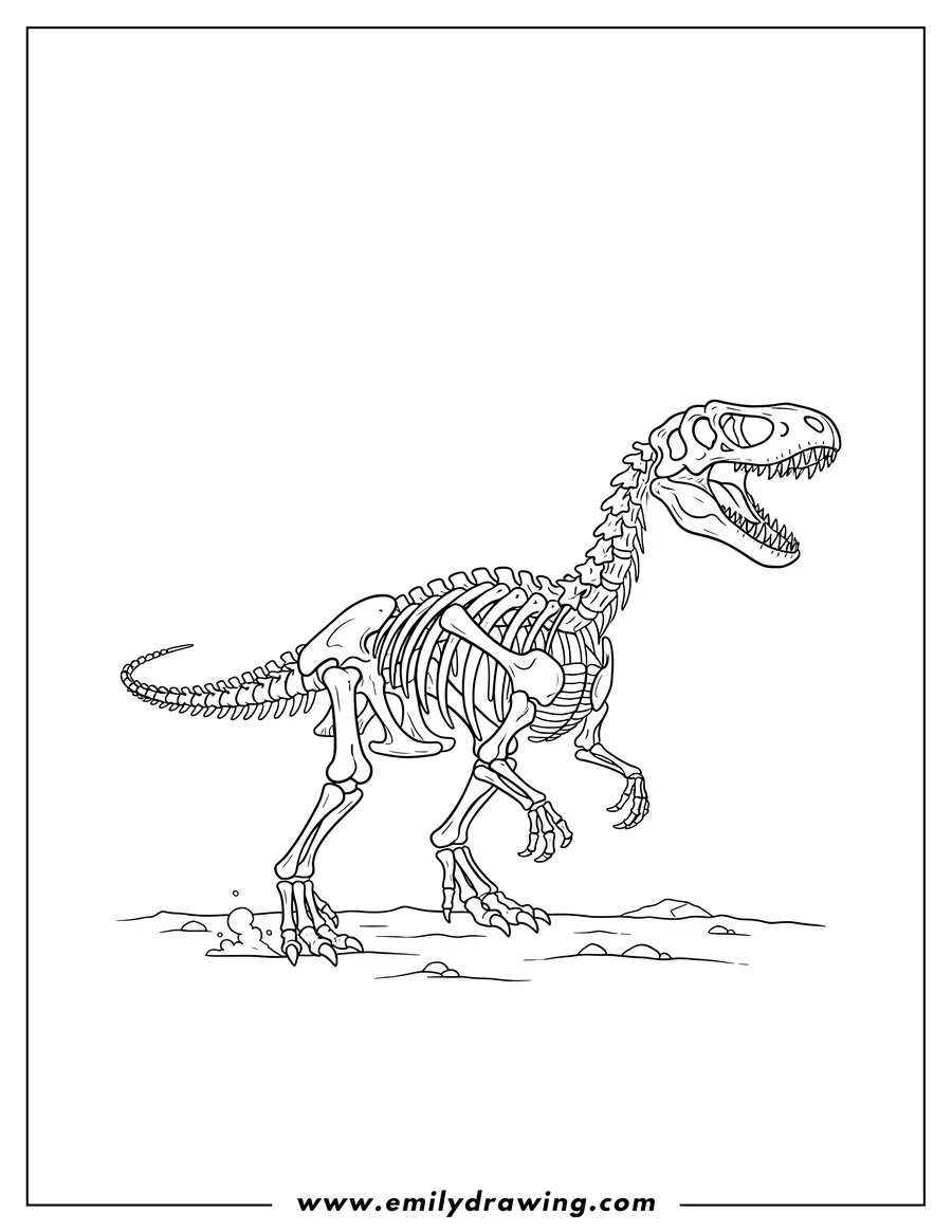 PDF style coloring page: gigantosaurus Skeleton, walking with its mouth open
