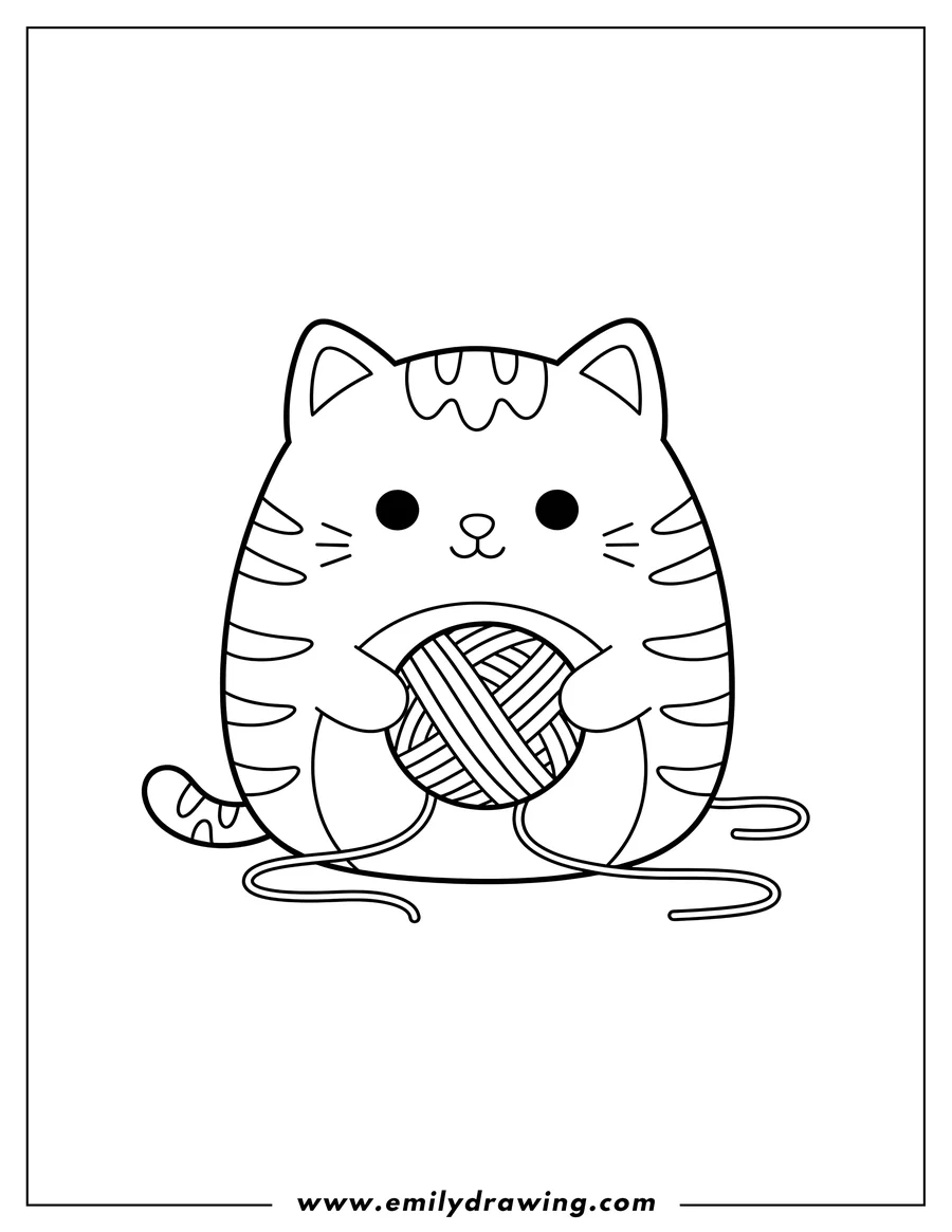 Vector style outline of gigi Ginger Cat Squishmallow with stripes and a ball of yarn