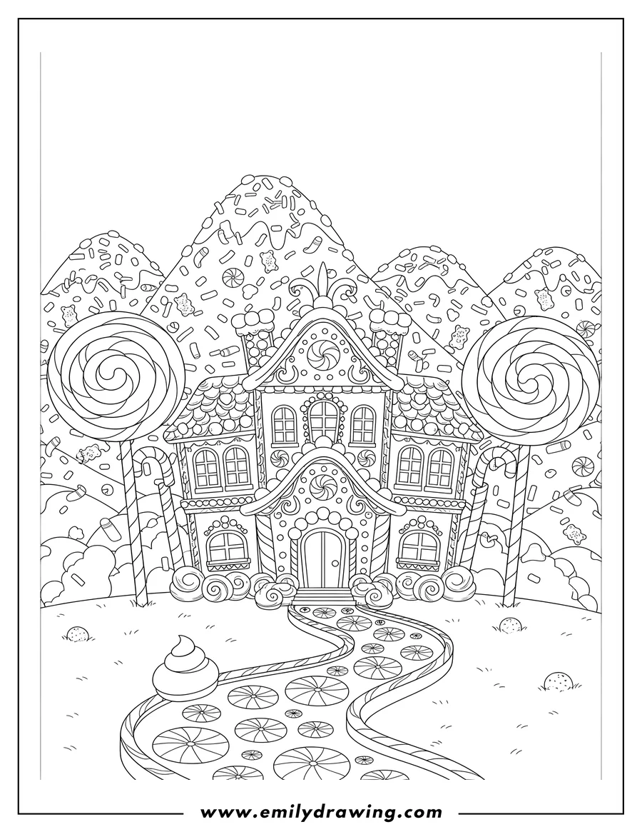 Free printable coloring sheet of gingerbread Candy Land Mansion with giant lollipop trees, candy-covered mountains, and a winding path