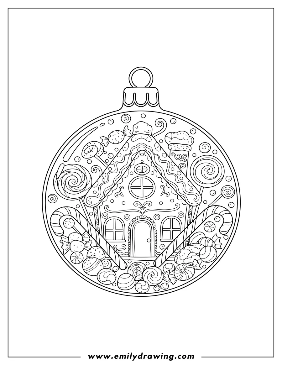 Black and white line art of gingerbread House And Candy Canes and Candies Inside Christmas Bauble Ornament