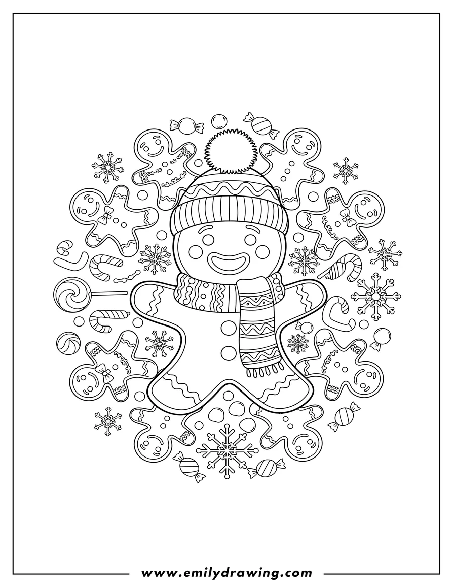 Simple sketch of smiling gingerbread man wearing a winter hat and scarf, with small gingerbread men, snowflakes, and candy arranged in a mandala to color