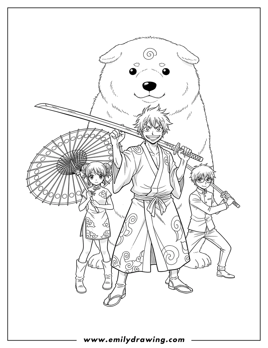 Free printable coloring sheet of gintama Anime featuring Gintoki, Kagura, Shinpachi, and Sadaharu, holding swords and an umbrella