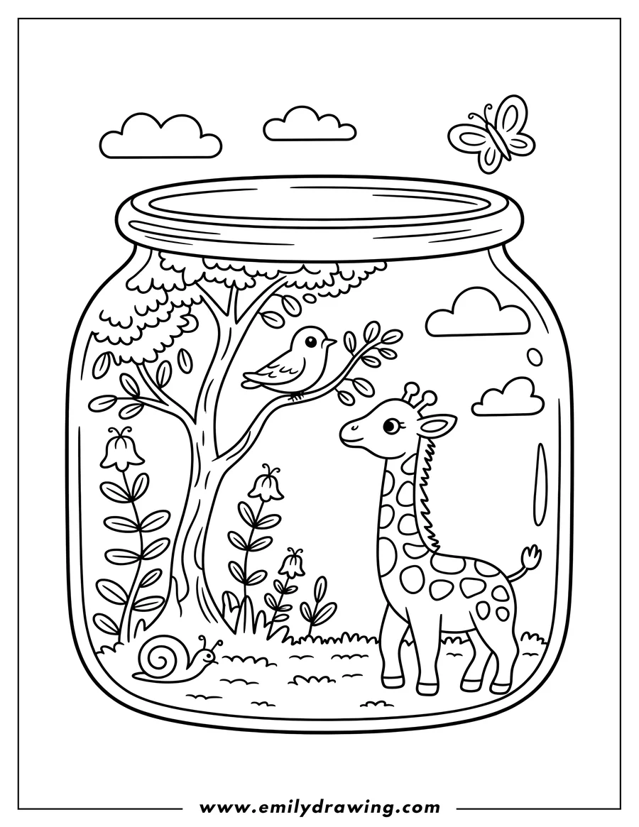 Line art of a giraffe and a bird inside a glass jar terrarium. The giraffe stands among flowers and grass, while the bird perches on a tree branch. A snail crawls near the giraffe, and a butterfly flies above the jar.