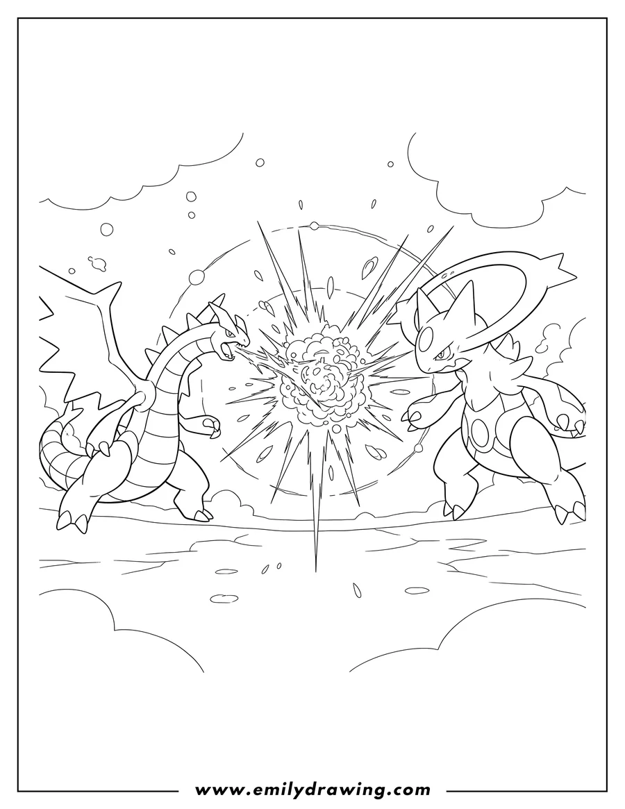 Printable coloring page of giratina and Arceus clashing with an energy burst