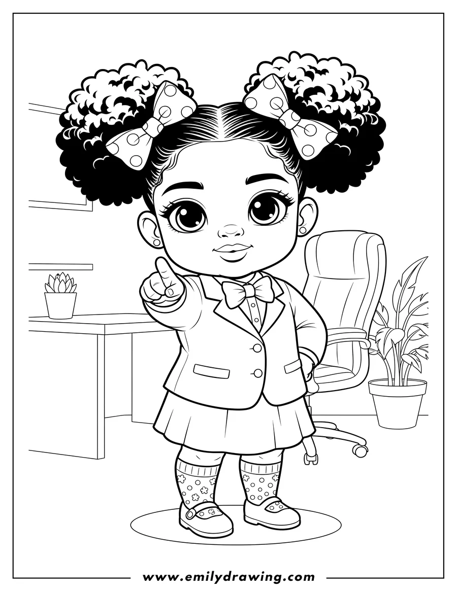 Coloring sheet featuring kawaii African American Girl Boss Baby Preschooler with curly pigtails and bows, pointing