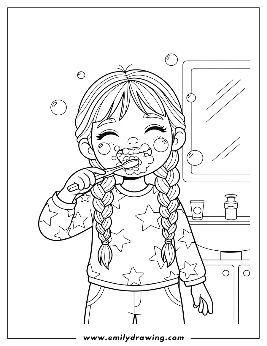 Coloring page for kids: girl Braids Brushing Her Teeth, smiling with bubbles