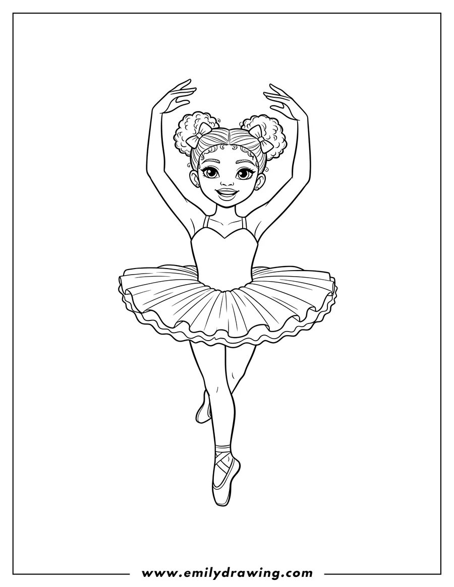 Clean line drawing: pretty Black Girl with two buns dancing ballet in a tutu, smiling and standing on one leg