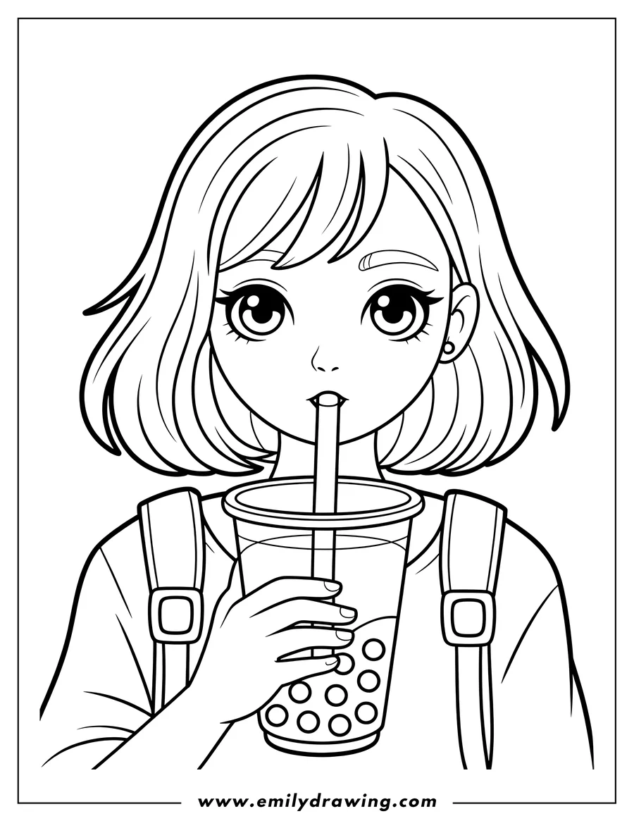 Line art of a girl with short hair drinking boba tea through a straw from a cup