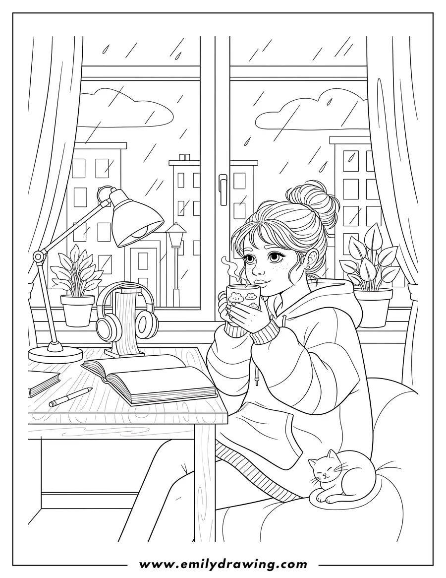 Line art of a girl drinking from a mug with a sleeping cat on a cozy rainy day by a window