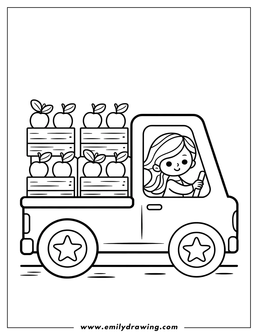 Line art of a girl with long hair driving a truck, which is loaded with crates full of apples.