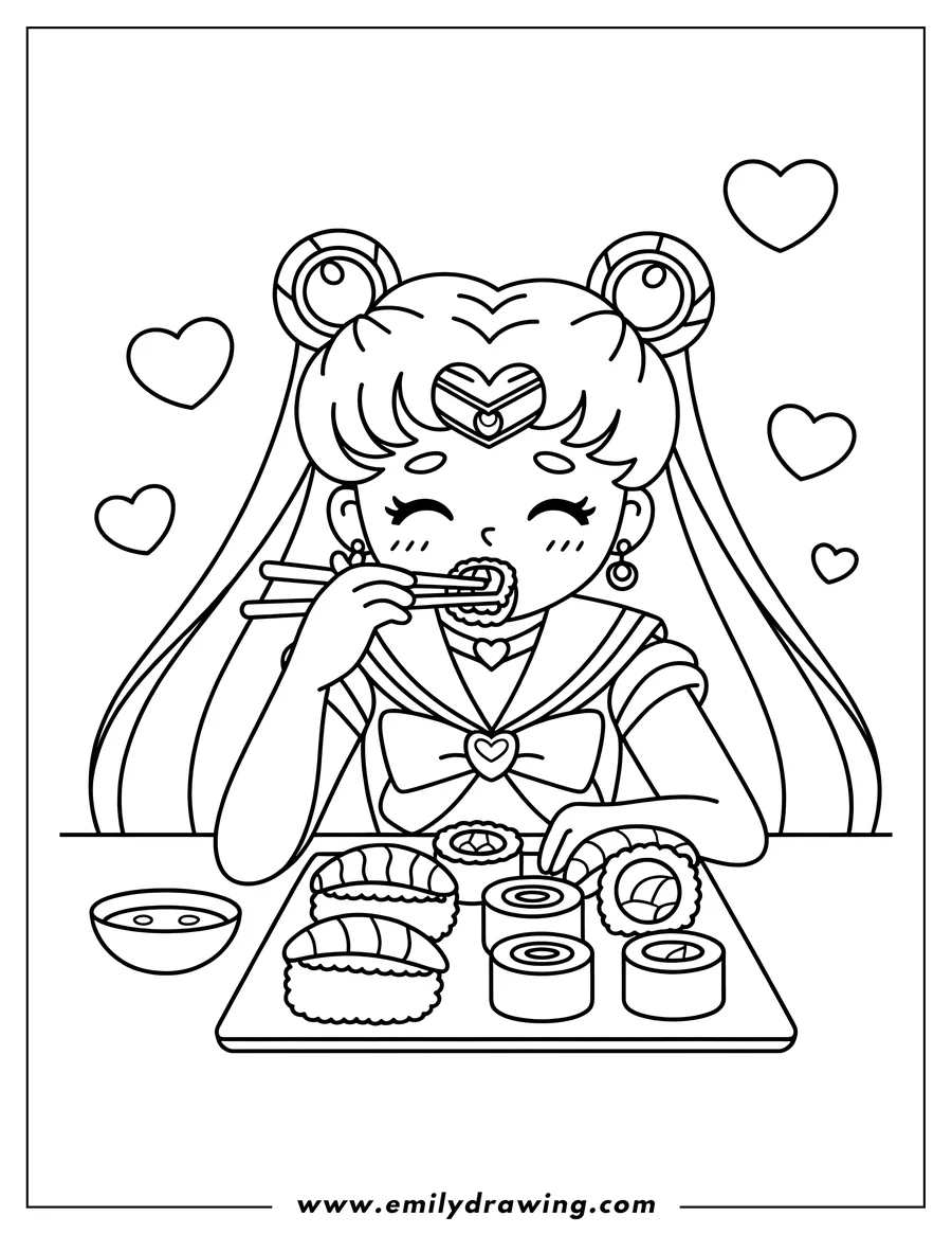 Outline of a girl with a heart tiara and pigtails, happily eating a piece of sushi with chopsticks from a tray filled with various sushi rolls and nigiri, with small heart shapes floating in the background.