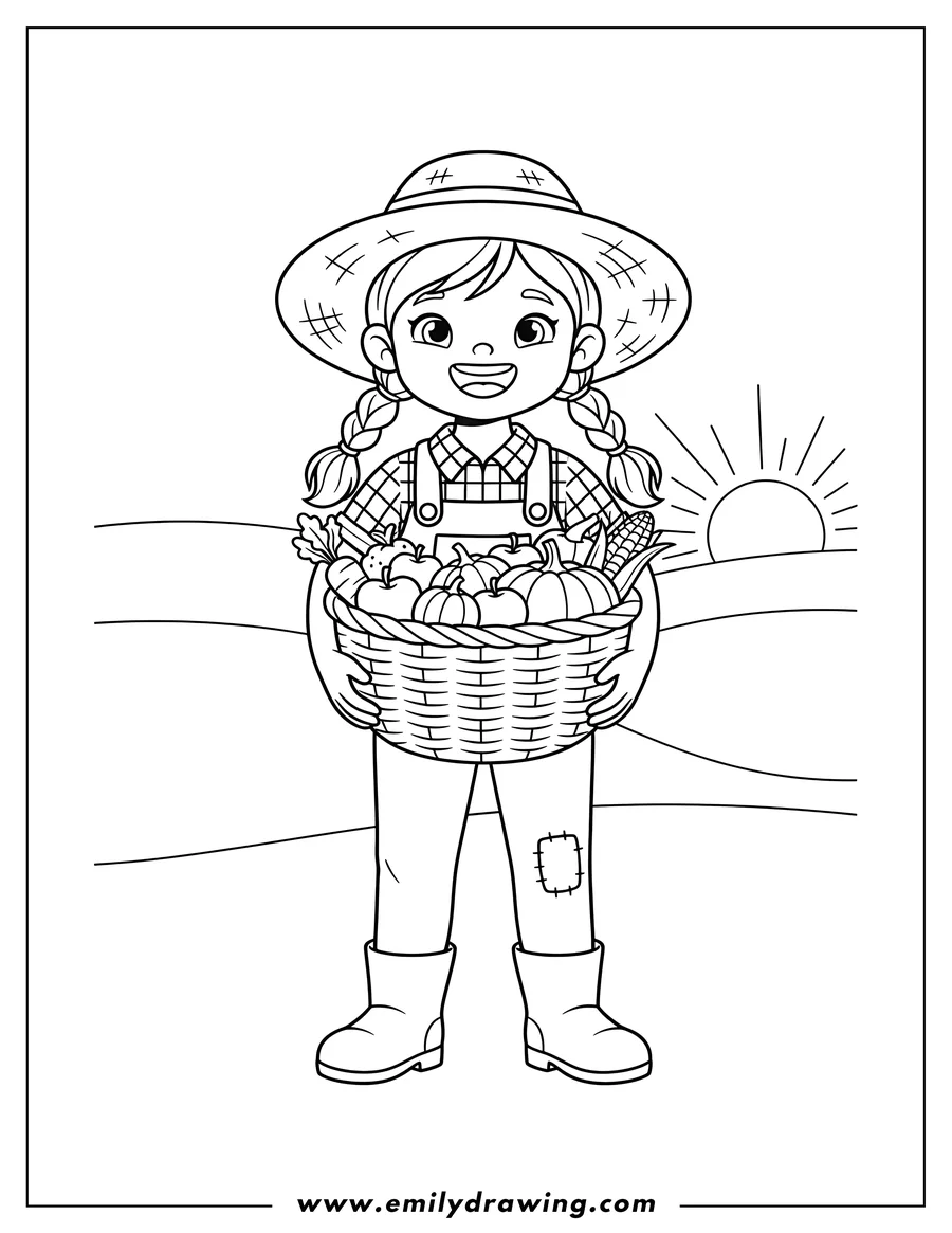 Simple sketch of smiling girl farmer wearing a hat and overalls, carrying a basket to color