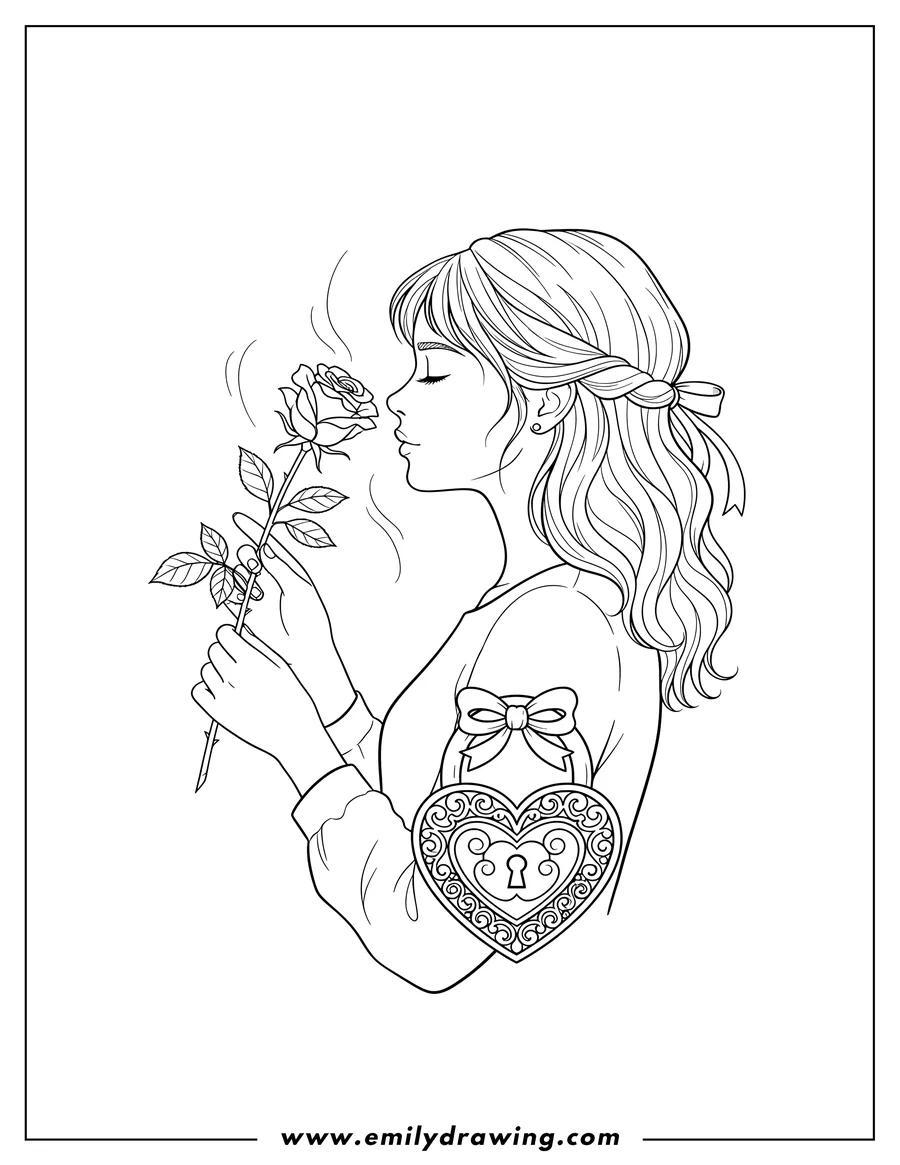 Simple sketch of girl in profile with a rose and an ornate heart-shaped lock to color