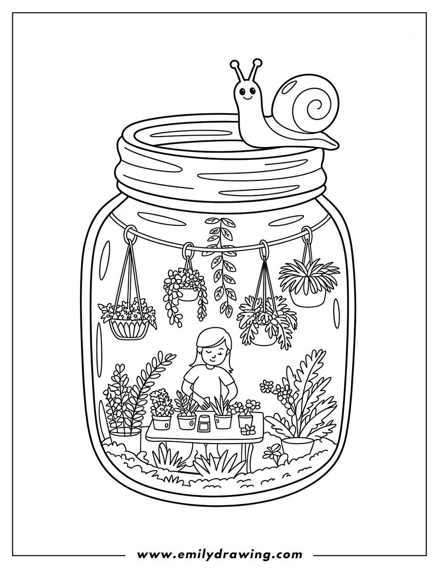 Line art of a girl tending to plants inside a large glass jar, with a smiling snail perched on the rim of the jar.