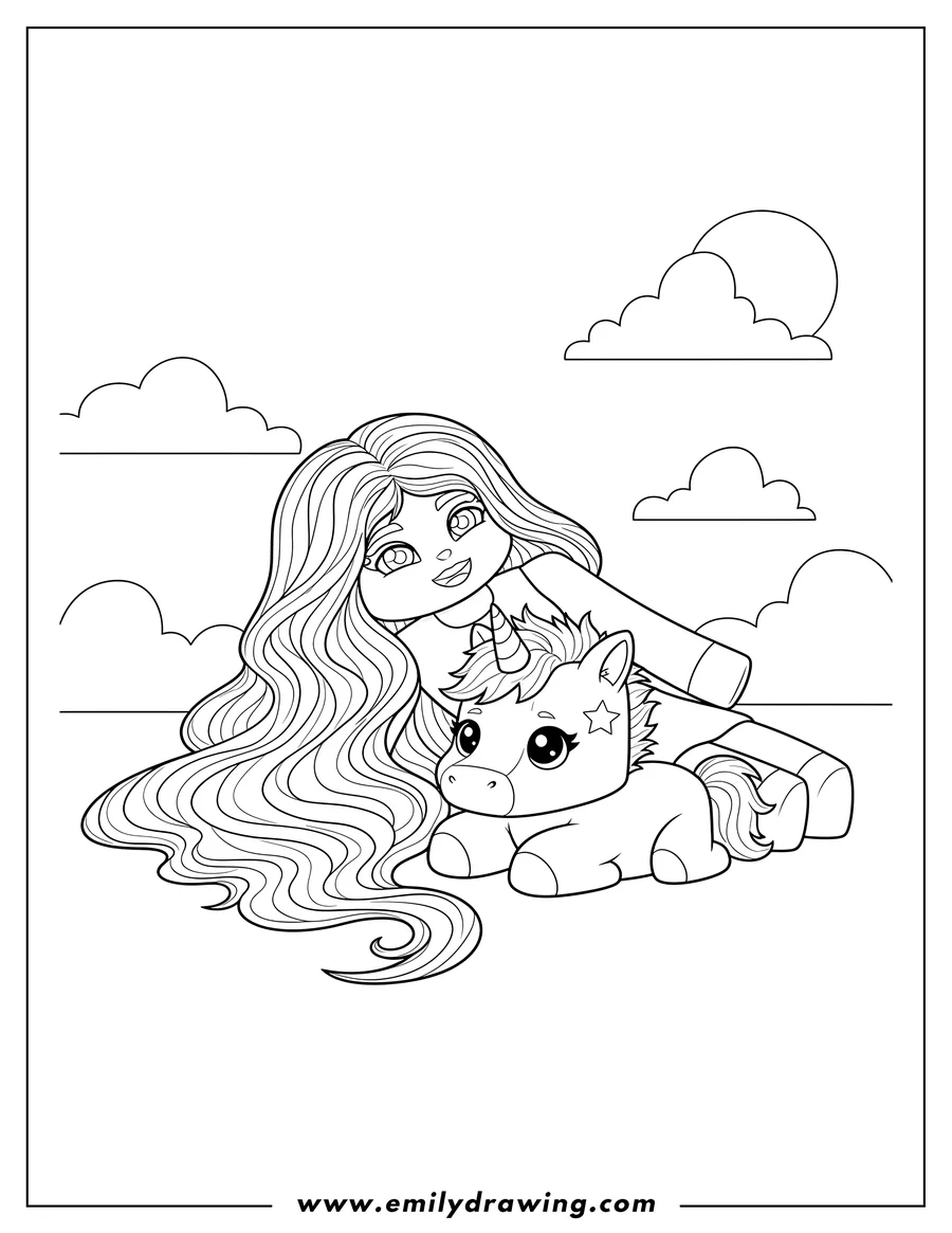 Printable coloring page of roblox girl with long hair lying down next to a cute blocky baby unicorn