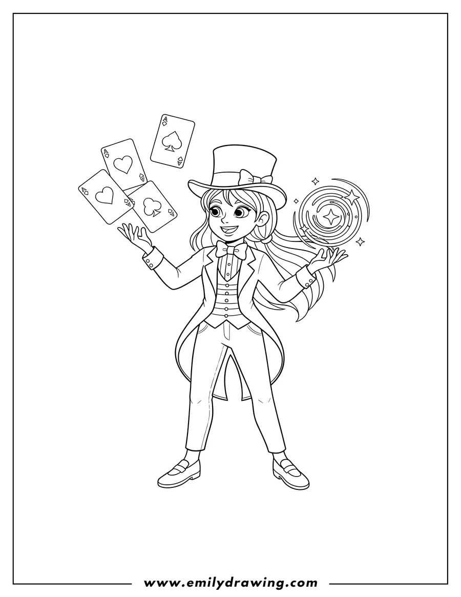 Downloadable coloring page of A girl magician wearing a top hat and bow tie, juggling playing cards and holding a swirling magic orb