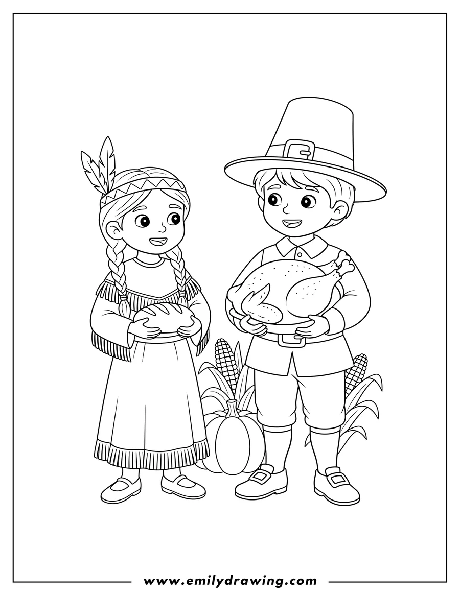 Printable coloring page of girl Native American holding bread and Boy Pilgrim holding a roasted turkey, standing together