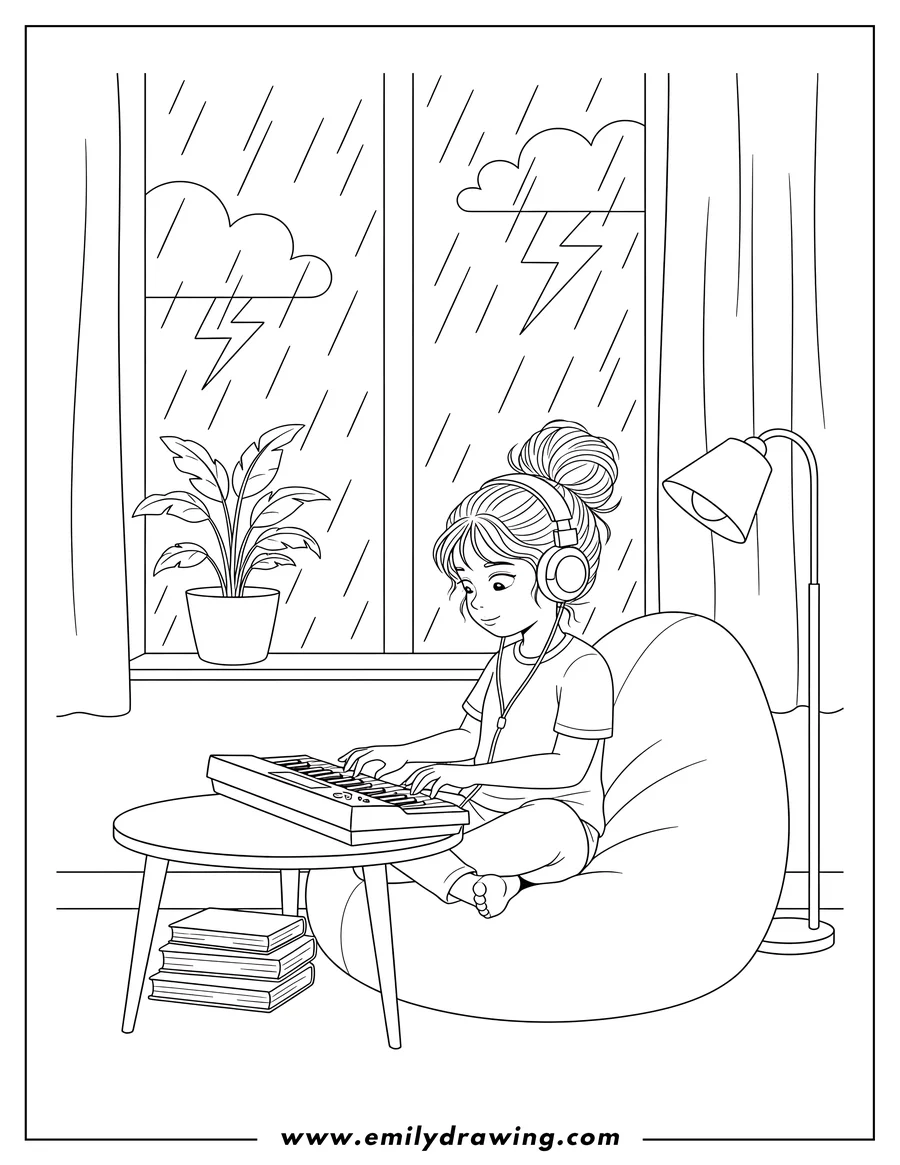 Line art of a girl wearing headphones, sitting on a beanbag chair and playing a keyboard, with rain and lightning visible outside a window.