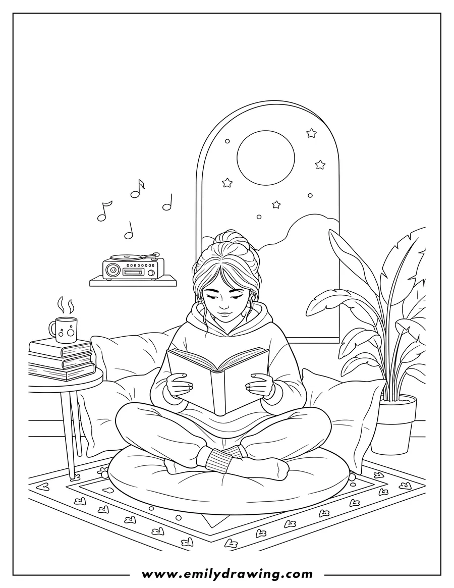 Line art of a girl reading a book while sitting on a cushion, with a record player, a plant, and a mug on a stack of books nearby.