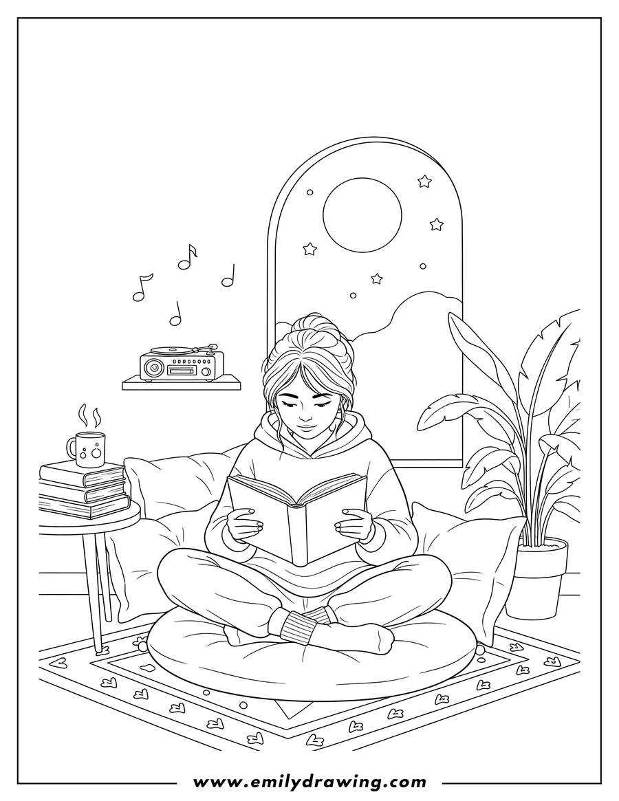 Clean line drawing: lofi Reading Corner: Girl in a hoodie, sitting cross-legged on the floor, reading a book