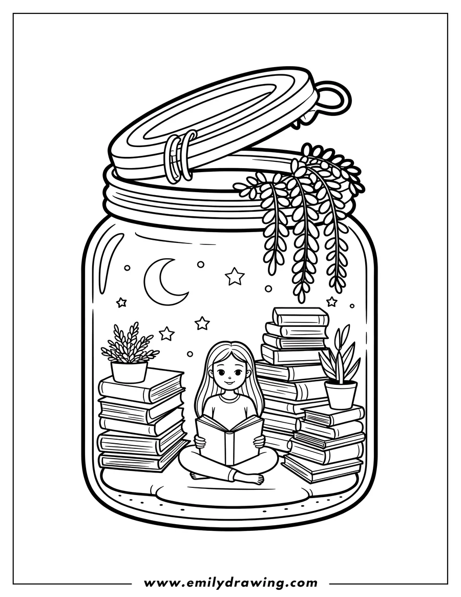 Line art of a girl reading a book, sitting crisscross applesauce inside a large terrarium jar. The jar is filled with stacks of books, small potted plants, a crescent moon, and stars. Vines hang from the top of the jar.