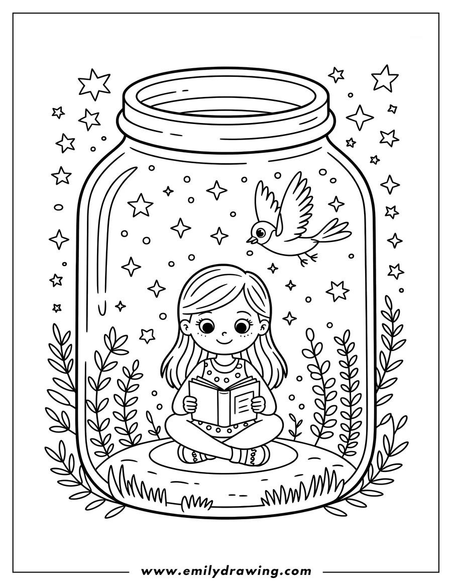 Line art of a girl sitting cross-legged and reading a book inside a large glass terrarium jar, with a bird flying and stars sparkling around her, surrounded by plants.